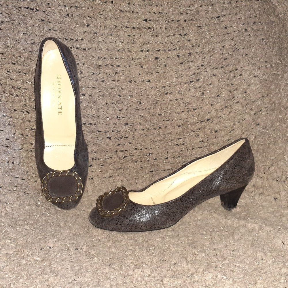 BRUNATE-Italy-Brown Shimmer Suede-Bronze Chain Pumps-Sz 39-Near Mint